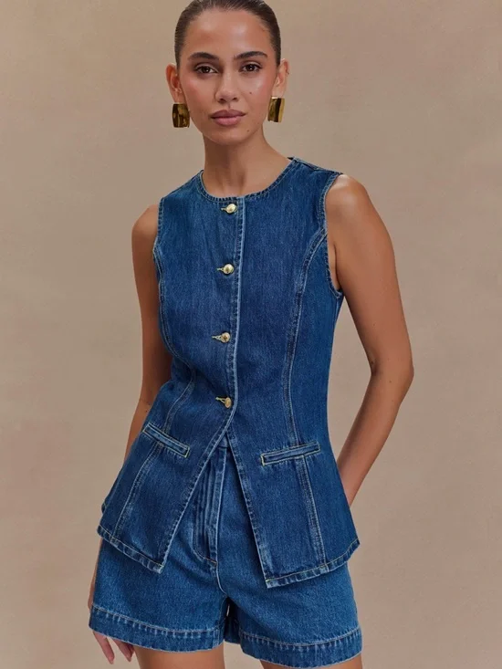 Meshki Abel Denim Button Up Top - Dark Blue XS NWT - Picture 1 of 3